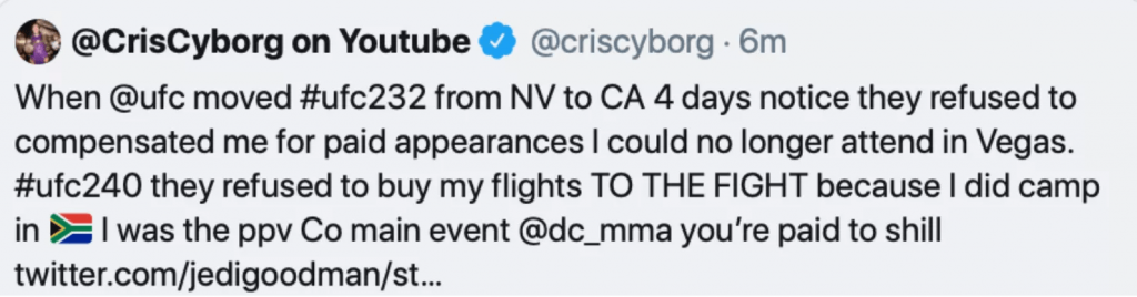 UFC Cris Cyborg Deleted Tweet